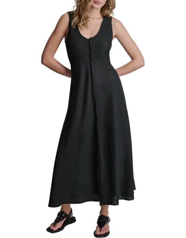 V-neck Fray Seam Linen Dress