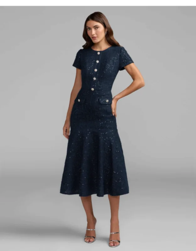 High Neck Short Sleeve Boucle Midi Dress