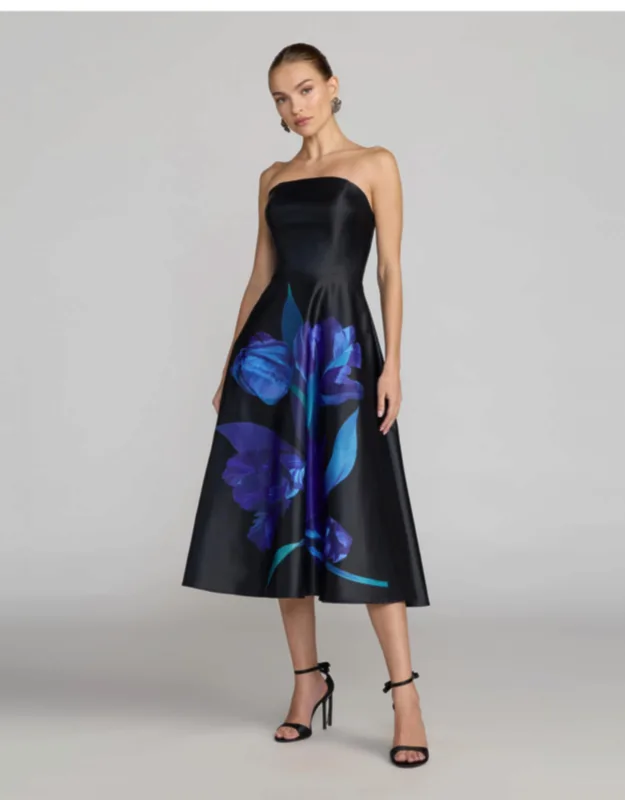 Strapless Satin Midi Dress With Flower Print