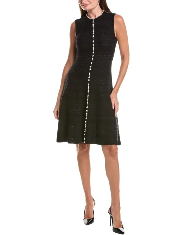 Metallic Knit Pearl Applique Wool-blend Midi Dress