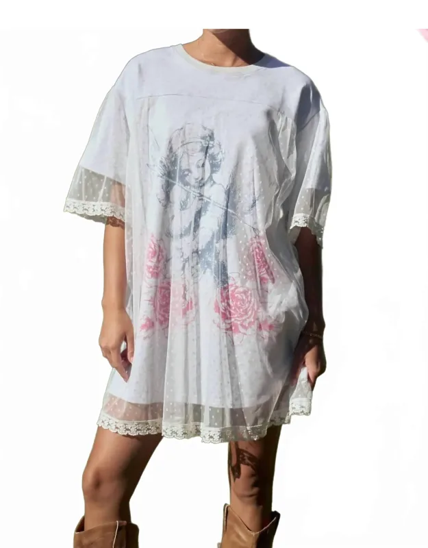 Angel Printed Terry Dotted Mesh Layered Dress
