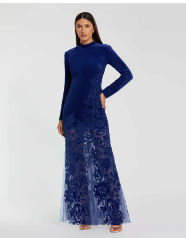 Long Sleeve Sheer Floral Embroidered Velvet Dress