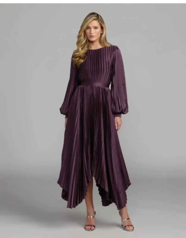Long Sleeve Pleated Charmeuse Handkerchief Dress