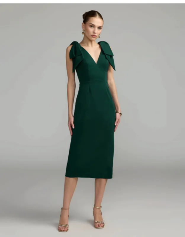 Sleeveless Crepe Midi Dress With Bow Straps