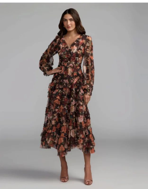 Floral Long Sleeve Micro Ruffle Midi Dress