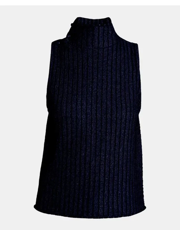 Metallic Knit Sleeveless Turtleneck Sweater
