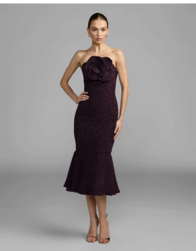 Boucle Strapless Midi Dress With 3d Flower