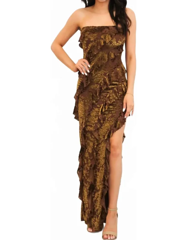 Strapless Ruffle Velvet Floral Maxi Dress