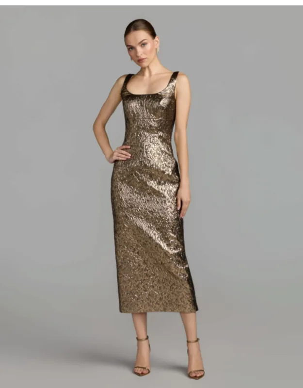 Gold Metallic Scoop Neck Brocade Midi Dress