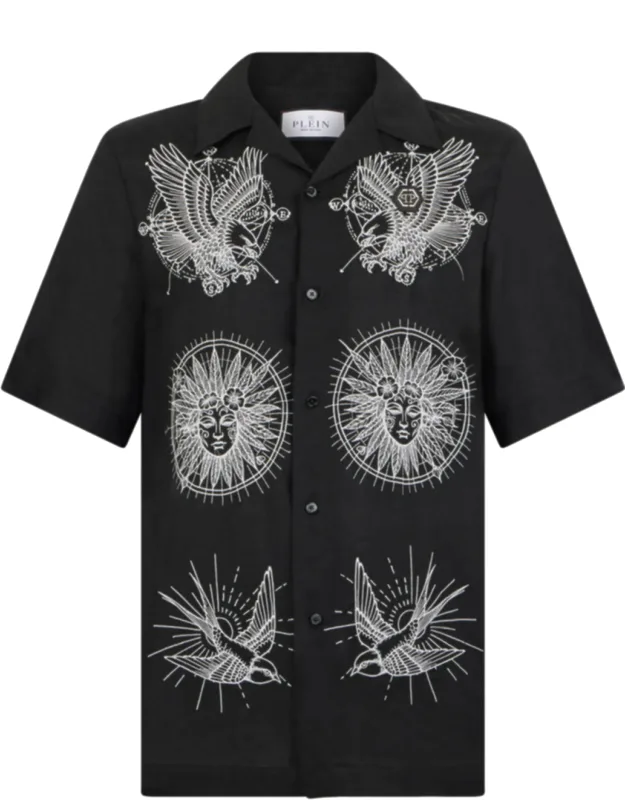 Linen Bowling Shirt With Embroidered Patterns And Bowling Collar