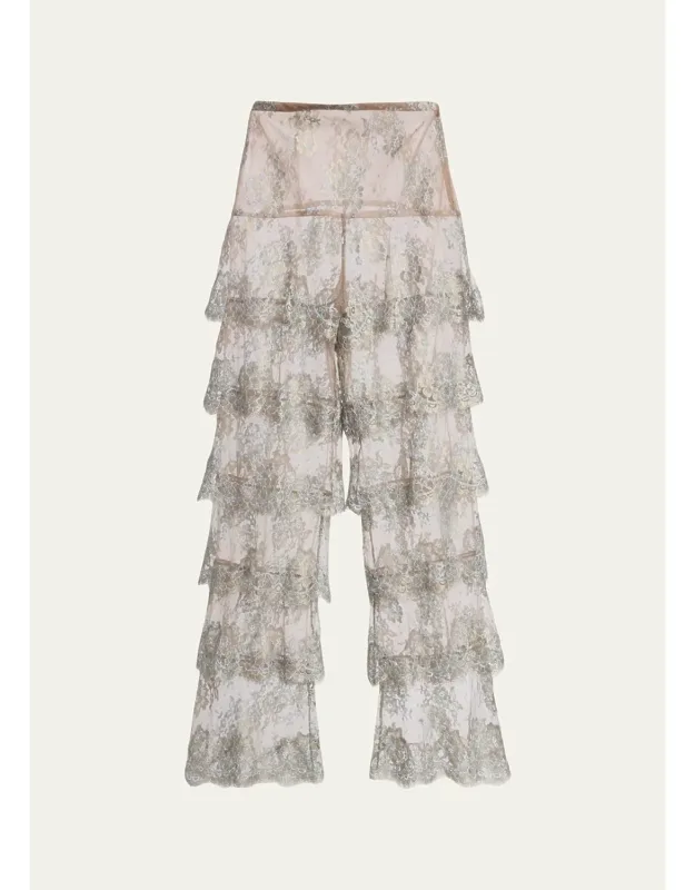 Metallic Lace Ruffle Straight-leg Pants