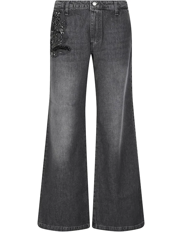 Faded Black Beaded Wide-leg Jeans