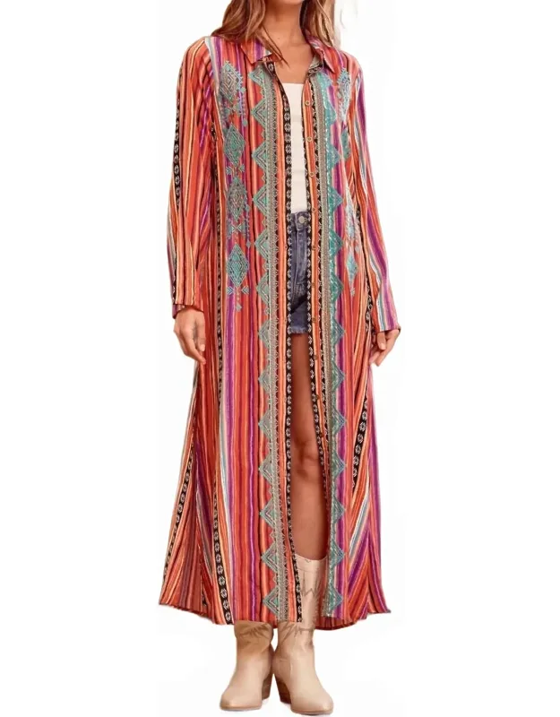 Embroidered Striped Duster Midi Dress