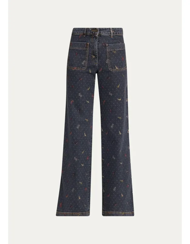 Patch Pocket Polka-dot Wide-leg Jeans