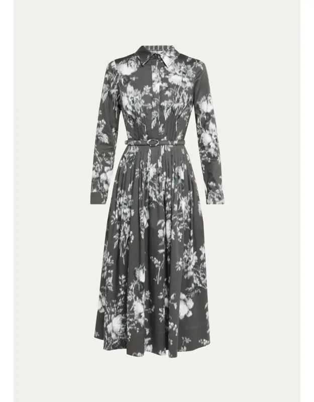 Peony Print Cotton Belted Midi Shirtdress