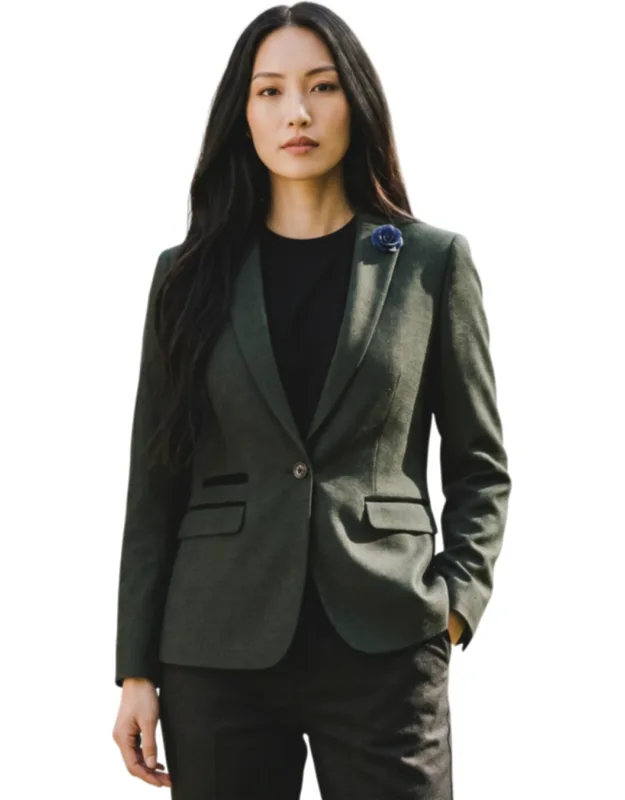 Check Wool Blend Herringbone Tweed Tailored Blazer