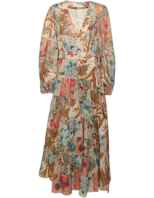 Multicolor Cotton Floral Printed Paneled Maxi Dress