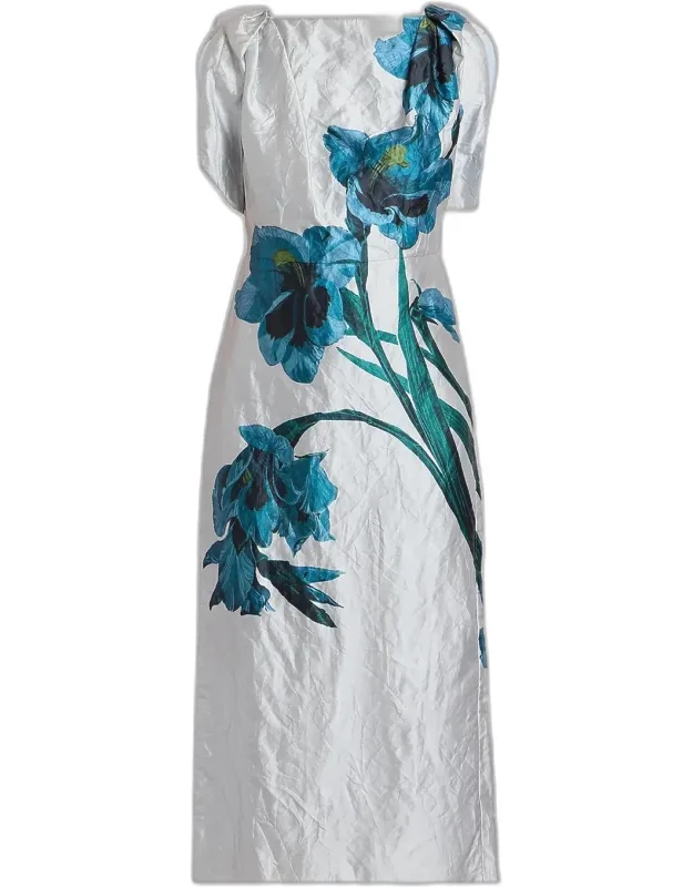 Floral Textured Satin Twisted-shoulder Midi Dress