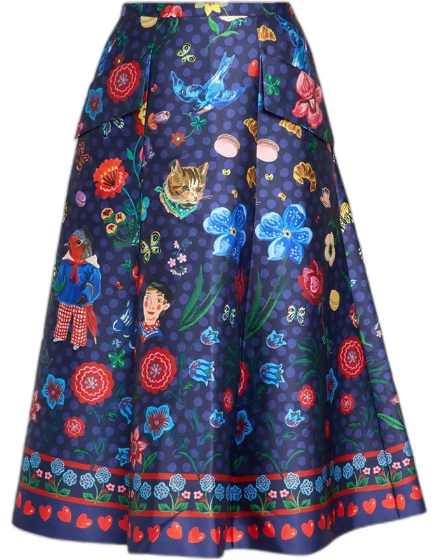 Printed Micado Satin Midi Skirt