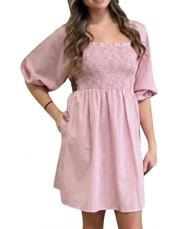 Square-neck Smocked Stripe Dress