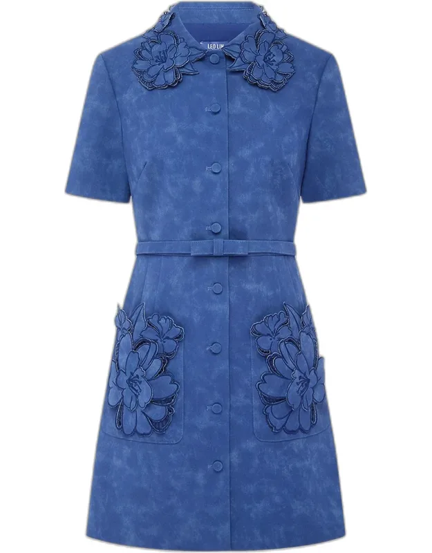 Floral Applique Vegan Suede Mini Shirtdress