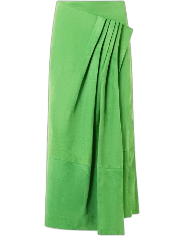 Pleat Gathered Suede Midi Skirt