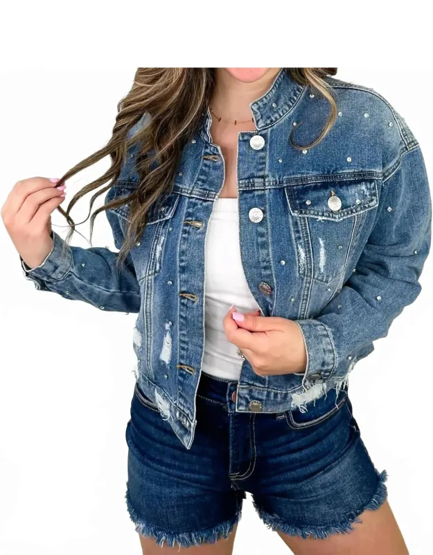 Distressed Cotton Blend Long Sleeve Denim Jacket