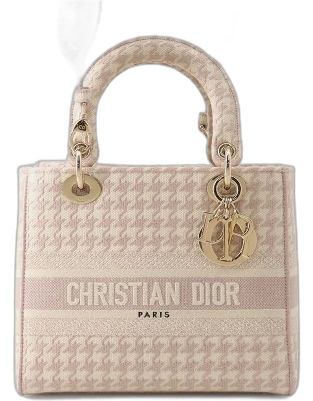 Lady D-lite Medium Rose Des Vents Houndstooth Embroidered Canvas Top Handle Bag