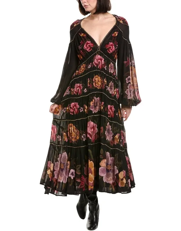 Chenille Flower Long Sleeve Midi Dress