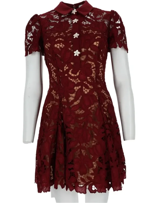 Floral Lace Mini Dress With Puff Sleeves And Scalloped Hem