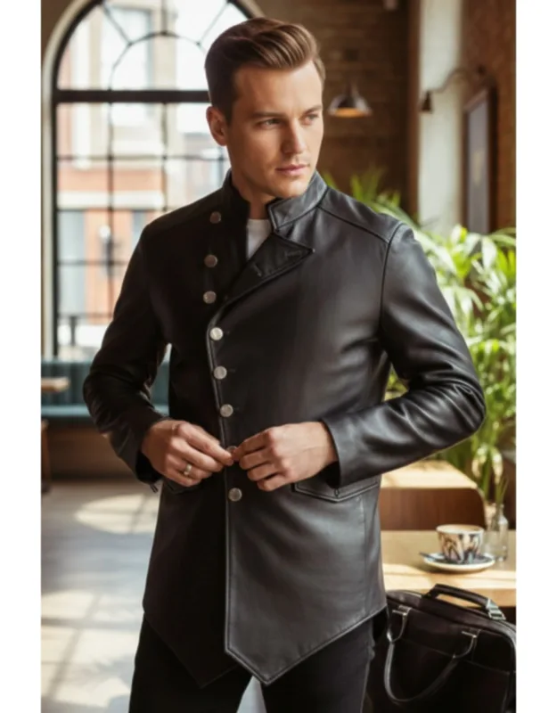 Leather Mandarin Military Asymmetrical Jacket