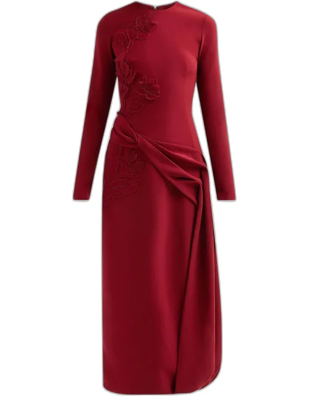 Floral Organza Embroidered Crepe Midi Dress