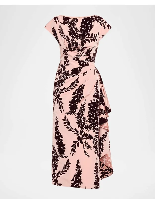 Flocked Taffeta Pleated Drape Midi Dress