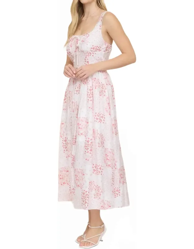 Sleeveless Midi Dress With Corset Front Tie In Floral Print