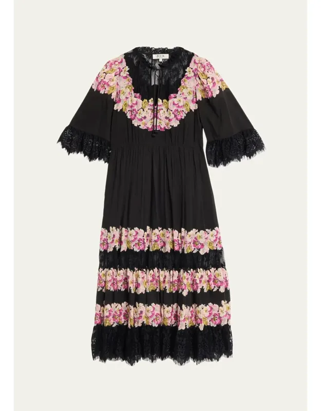3/4-sleeve Print Cotton Lace-trim Midi Dress