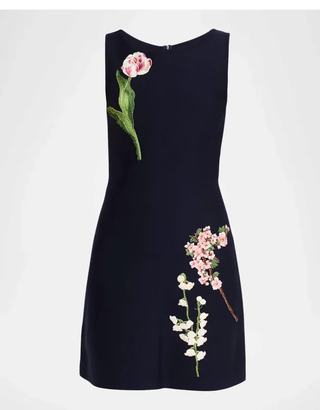 Floral Embroidered Wool Knit Mini Dress