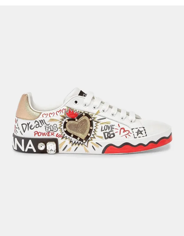 Embellished Printed Leather Low-top Sneakers