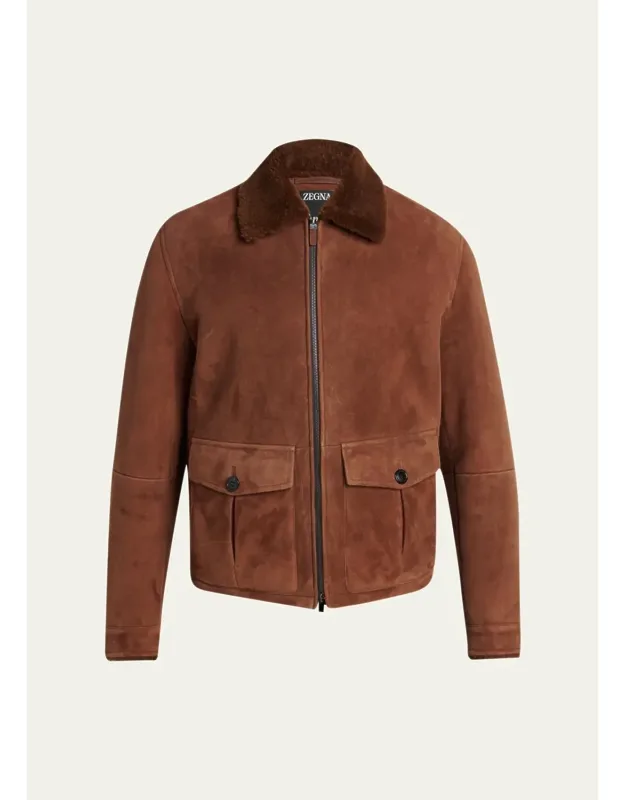 Suede Short Shearling-collar Aviator Jacket