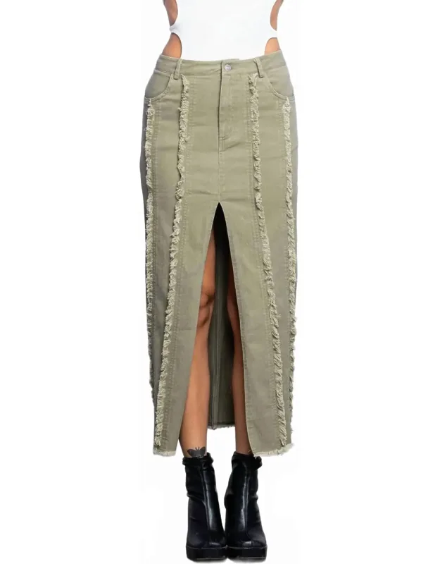 Frayed Midi Skirt With Center Slit