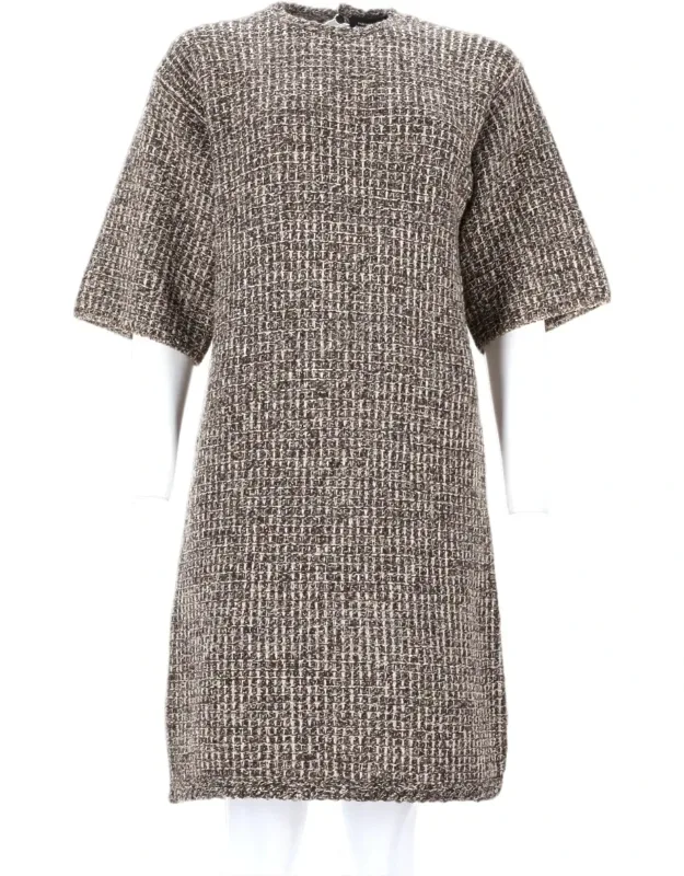 Straight-cut Short-sleeved Tweed Dress
