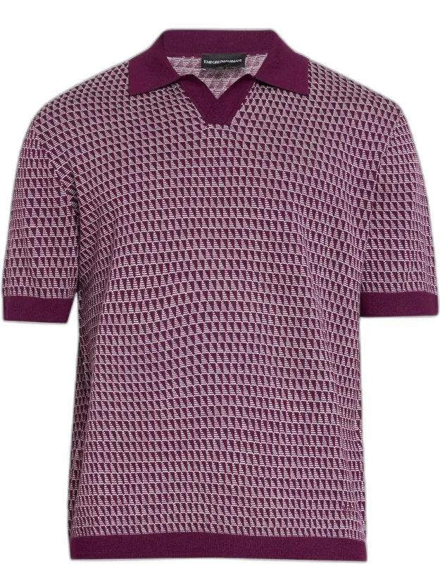 Geometric Wool Knit Johnny-collar Polo Shirt