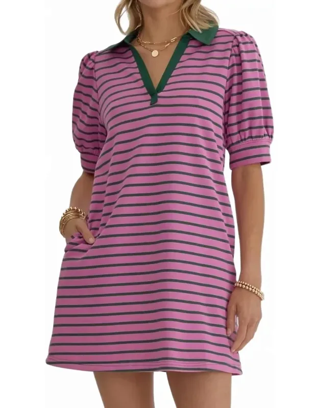 Stripe Print V-neck Puff Sleeve Collared Mini Dress