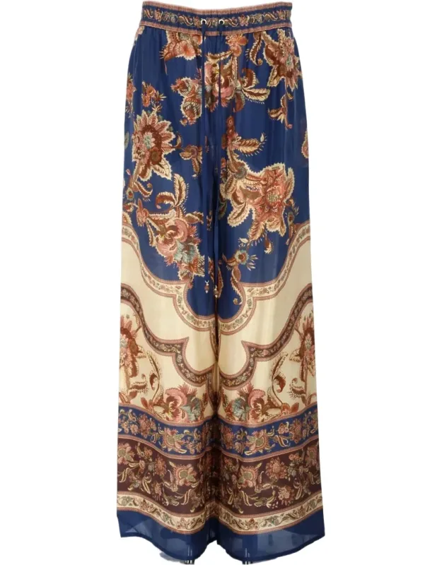 Wide-leg Silk Pants With Intricate Floral Pattern