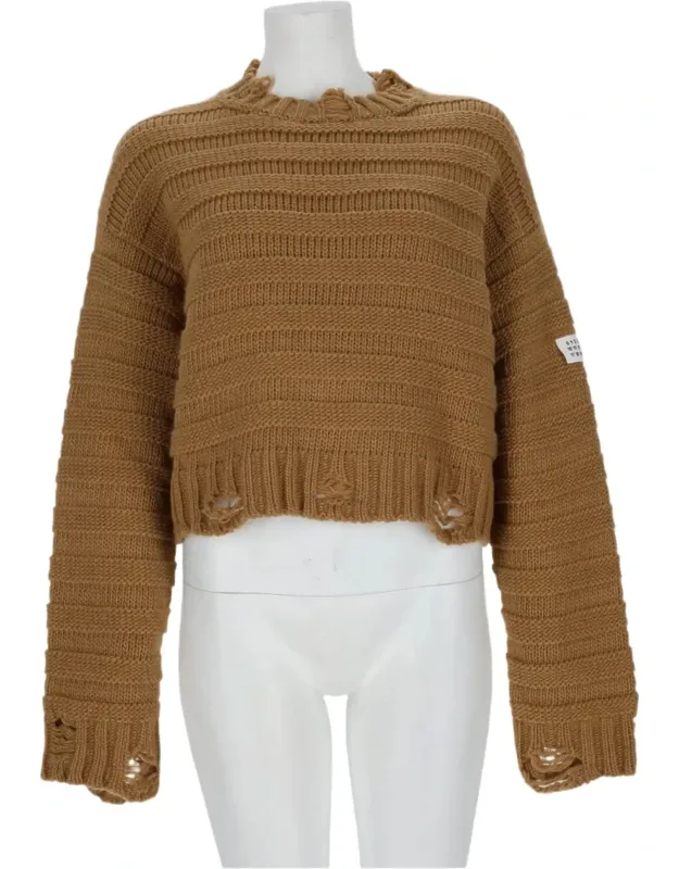Cropped Knit Sweater With Distressed Hem And Patch Detail