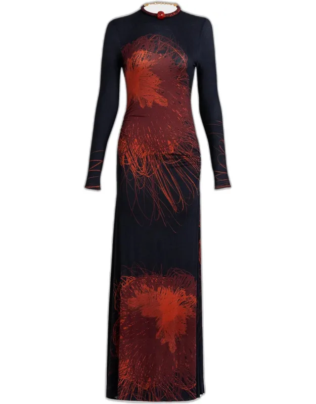 Bead Tubular Collar Long-sleeve Maxi Dress