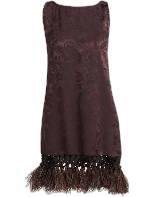 Sleeveless Satin Jacquard Feather Tassel Mini Dress