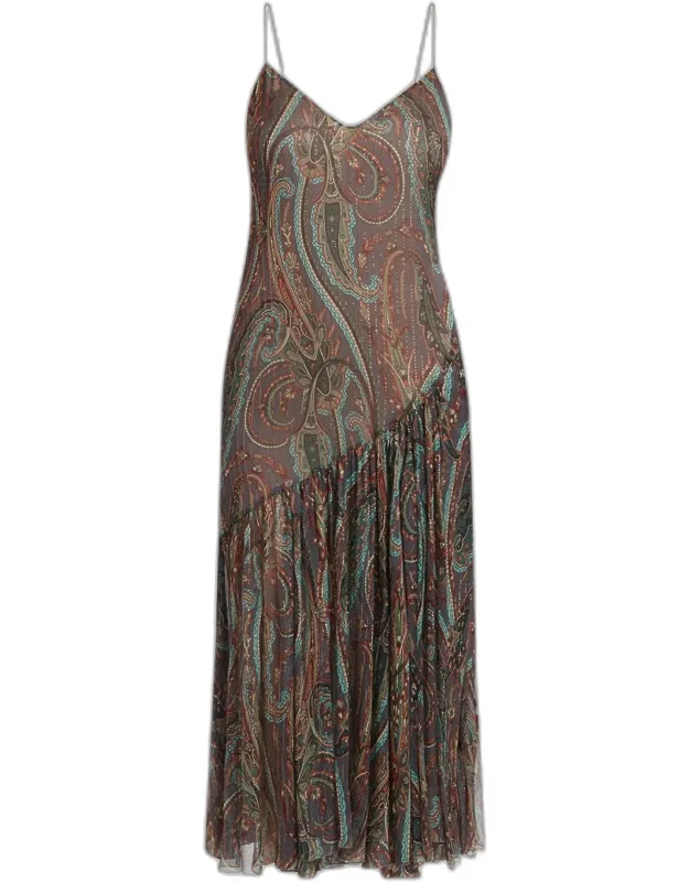 Metallic Paisley Silk Ruffle Midi Slip Dress