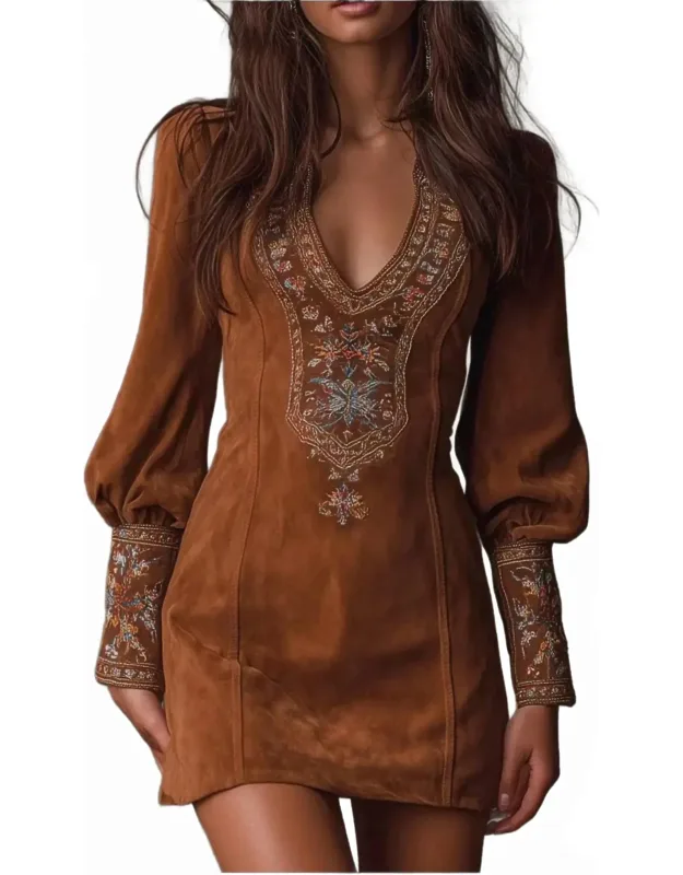 Western Cowboy Retro V-neck Embroidered Dress