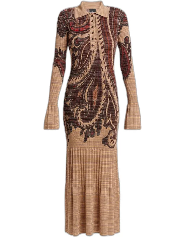 Pleated Knit Midi Polo Dress