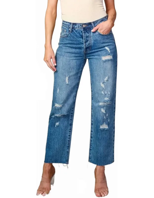 Button Closure Distressed Wide Leg Denim Jeans